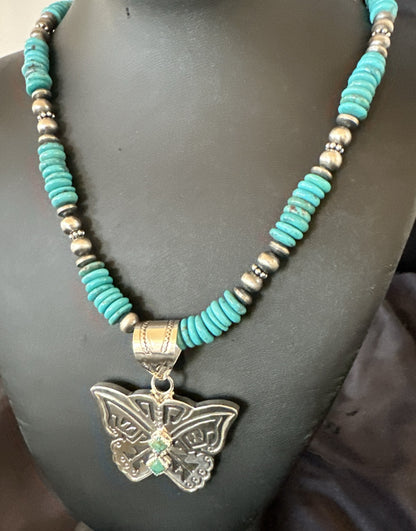 Butterfly Blue Turquoise Pendant Navajo Sterling Silver Necklace 26" 18905