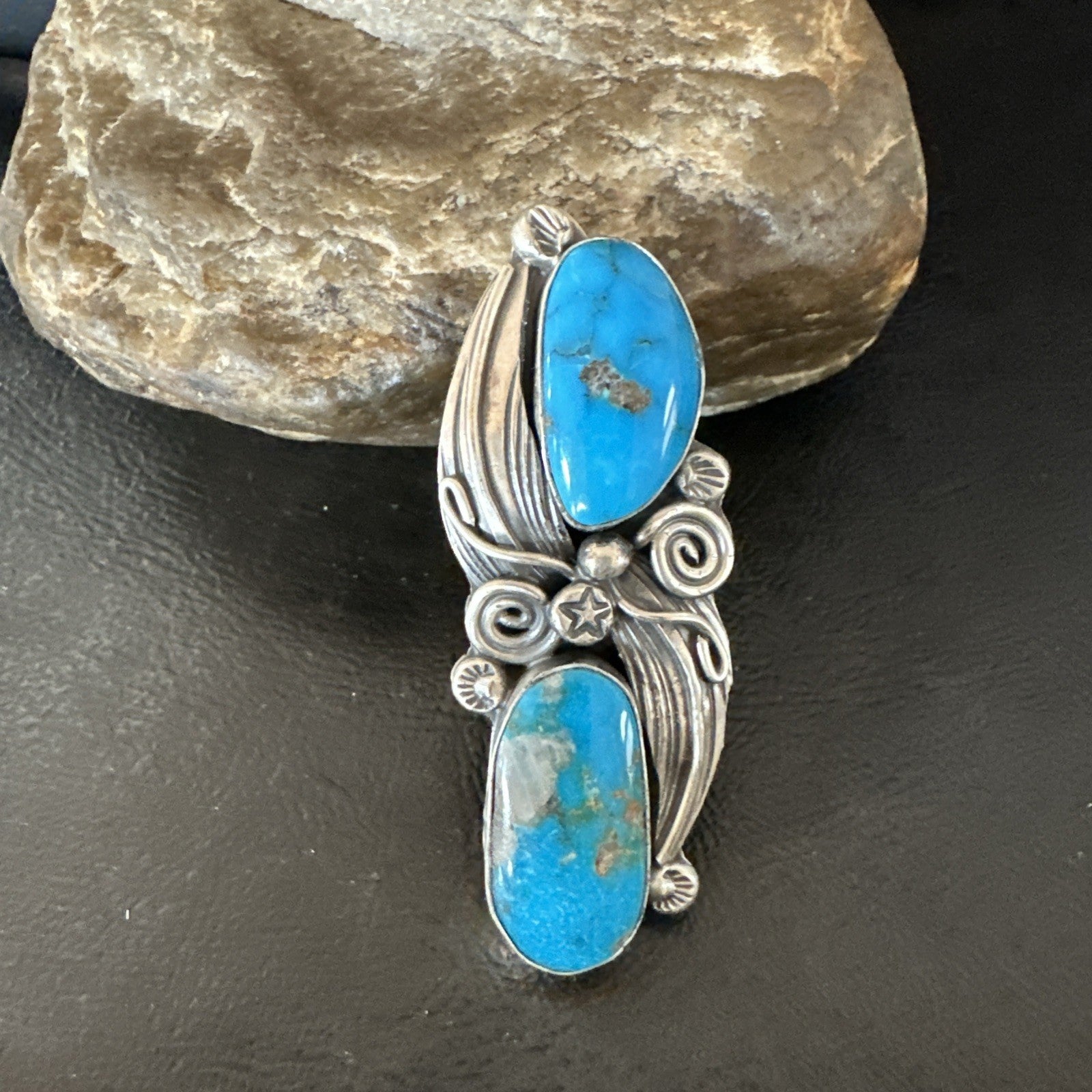 XL Navajo Cluster Blue Kingman Turquoise Sterling Silver Ring Sz 7 18990