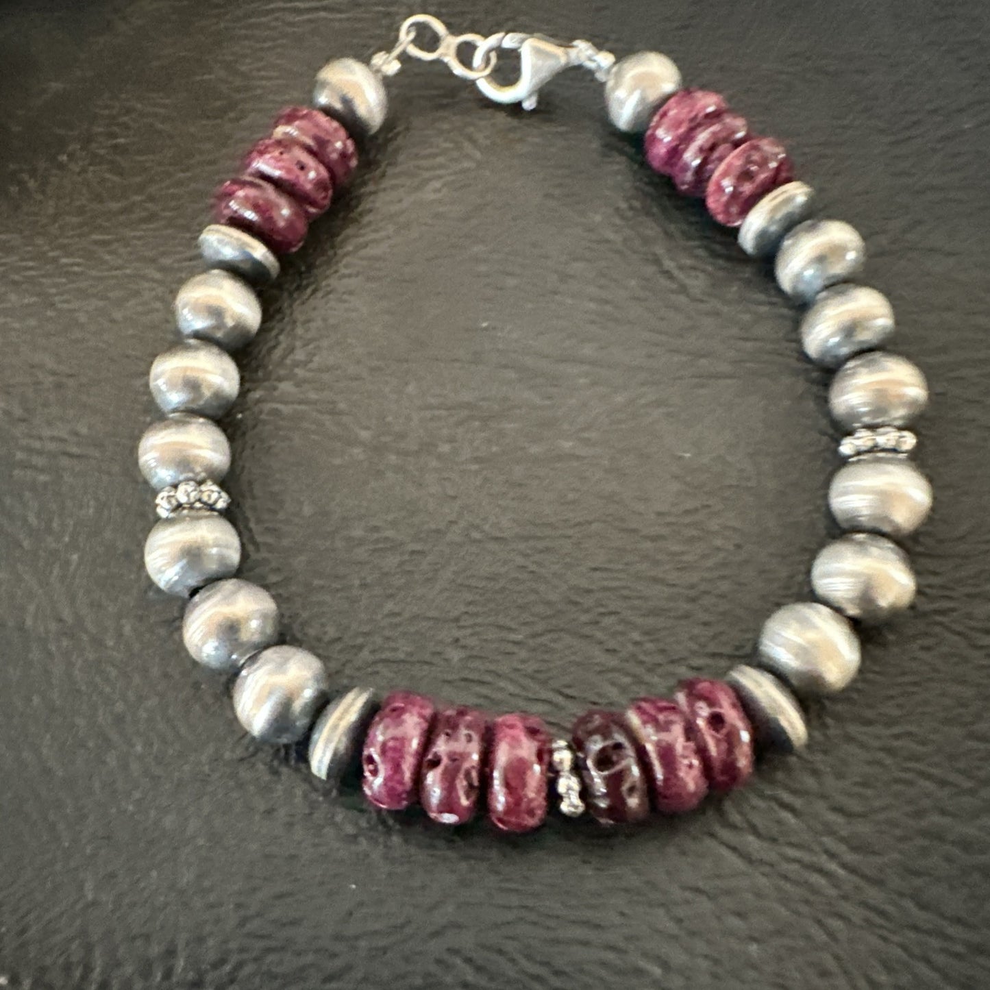 Purple Spiny Oyster 8mm Bead Bracelet Navajo Sterling Silver 6.5" 18946