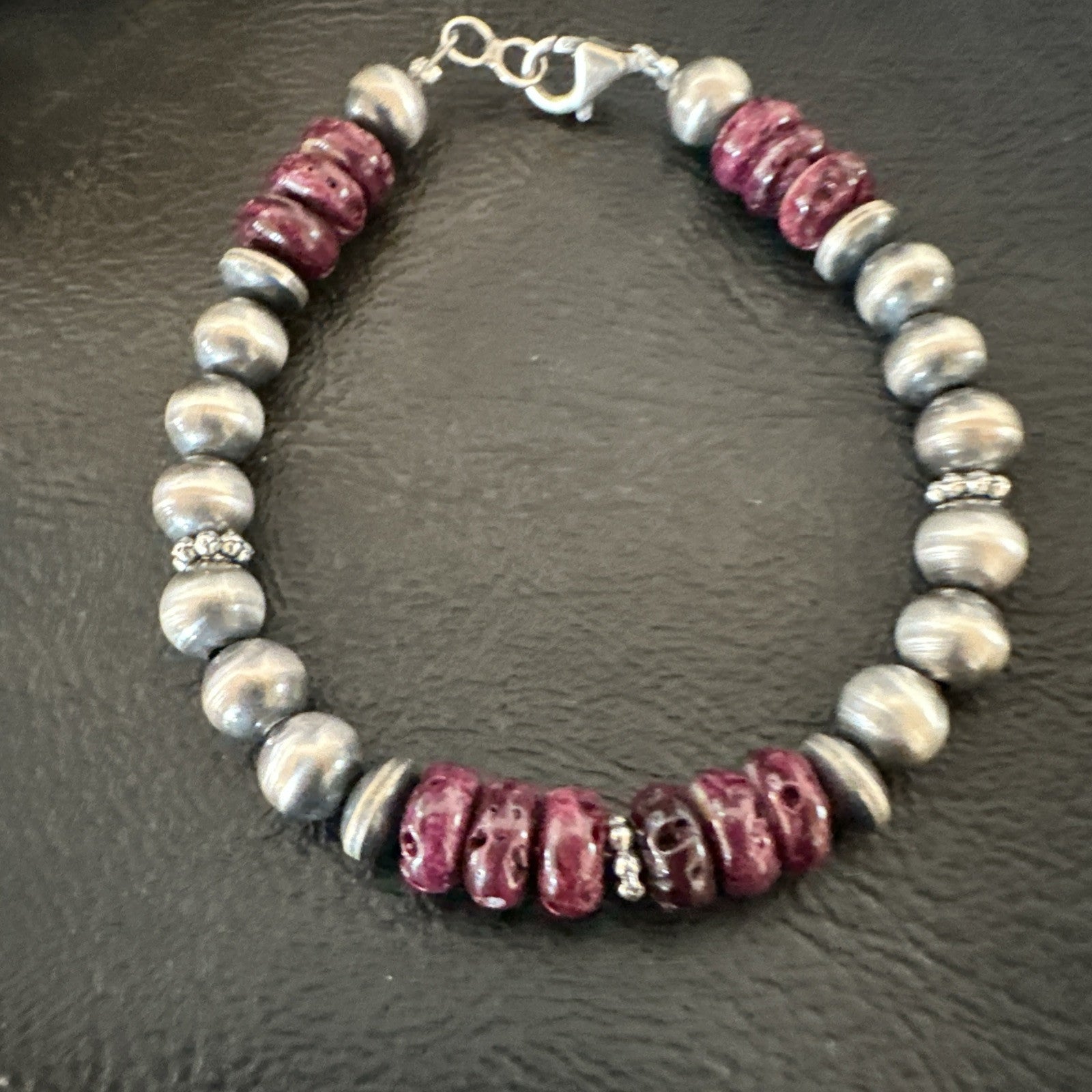 Purple Spiny Oyster 8mm Bead Bracelet Navajo Sterling Silver 6.5" 18946