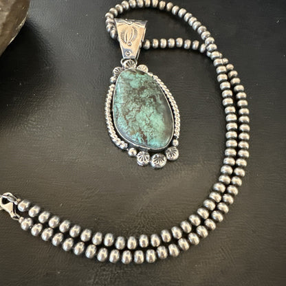Navajo Sterling Silver Green Rustic Turquoise Necklace Pendant 2.75” 19010