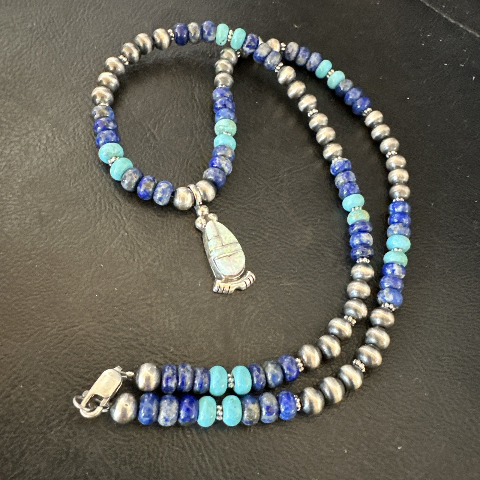 WoMens Opal Inlay Pendant Navajo Sterling Silver Blue Lapis Bead Necklace 18912