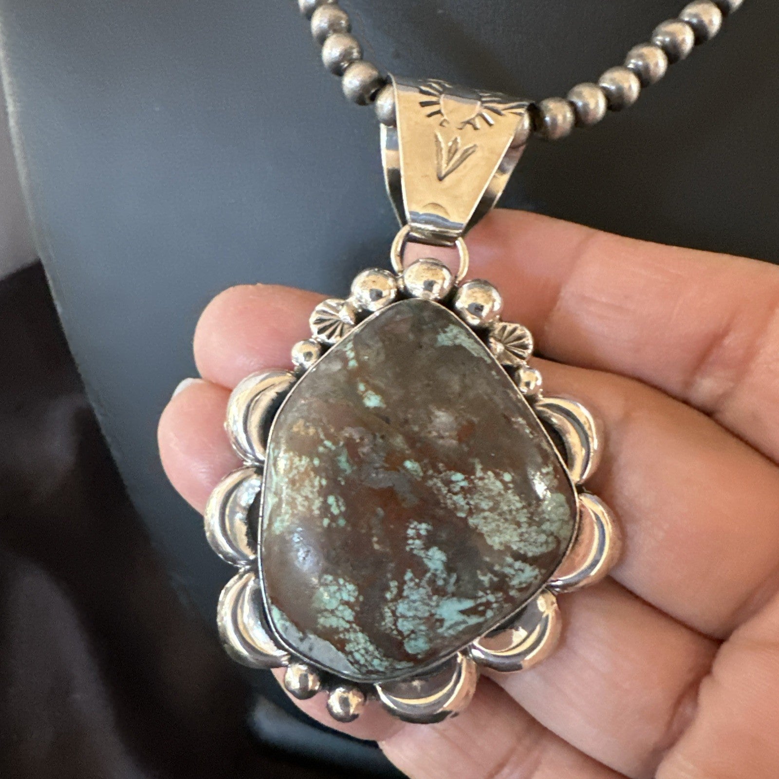 Navajo Sterling Silver Green Rustic Turquoise Necklace Pendant 2.75” 19012