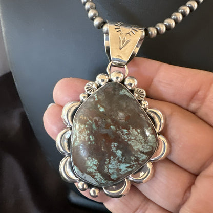 Navajo Sterling Silver Green Rustic Turquoise Necklace Pendant 2.75” 19012