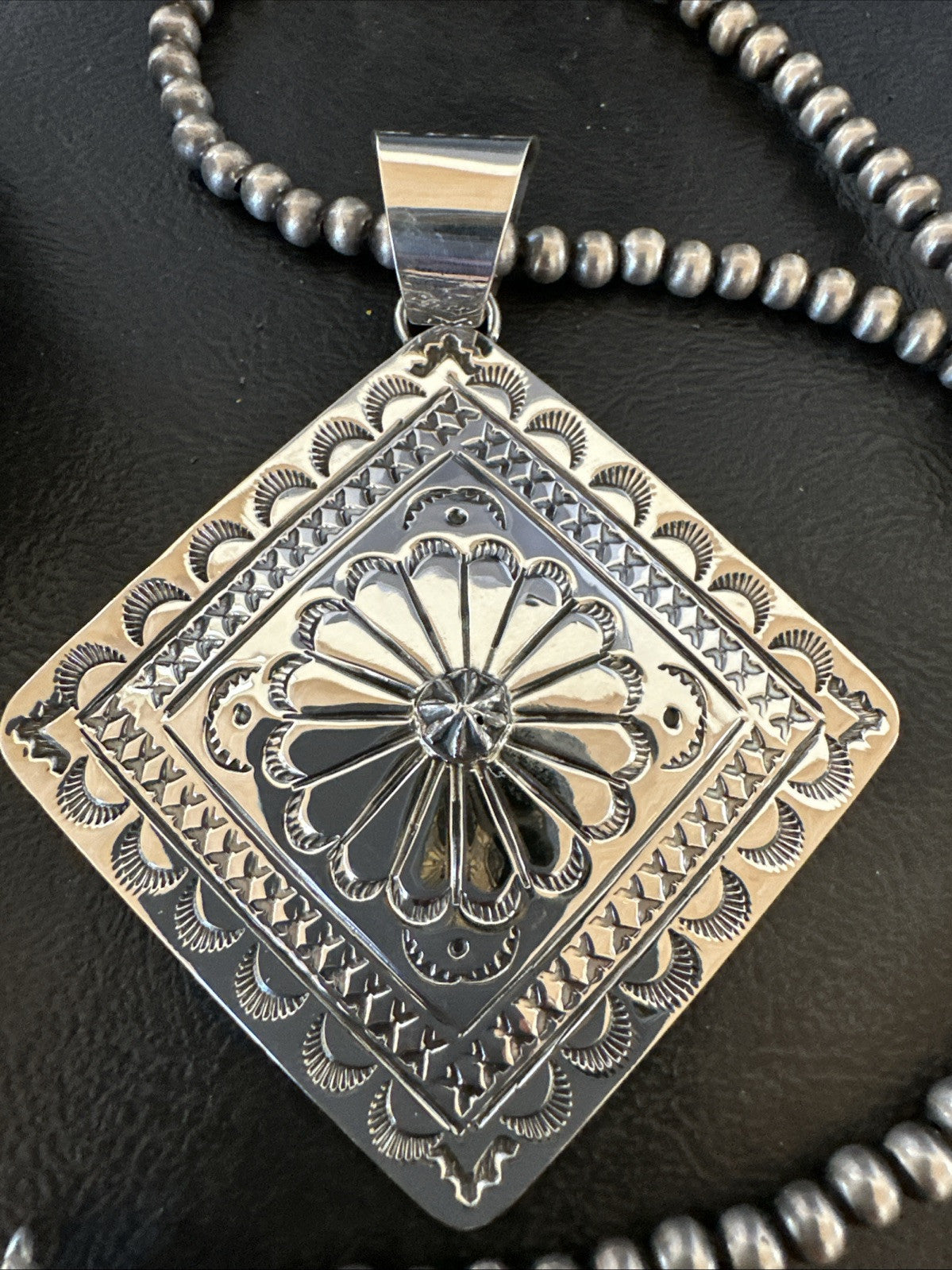 H Joe Handmade Stamped Pendant Navajo Sterling Silver Necklace 3.5" 18982