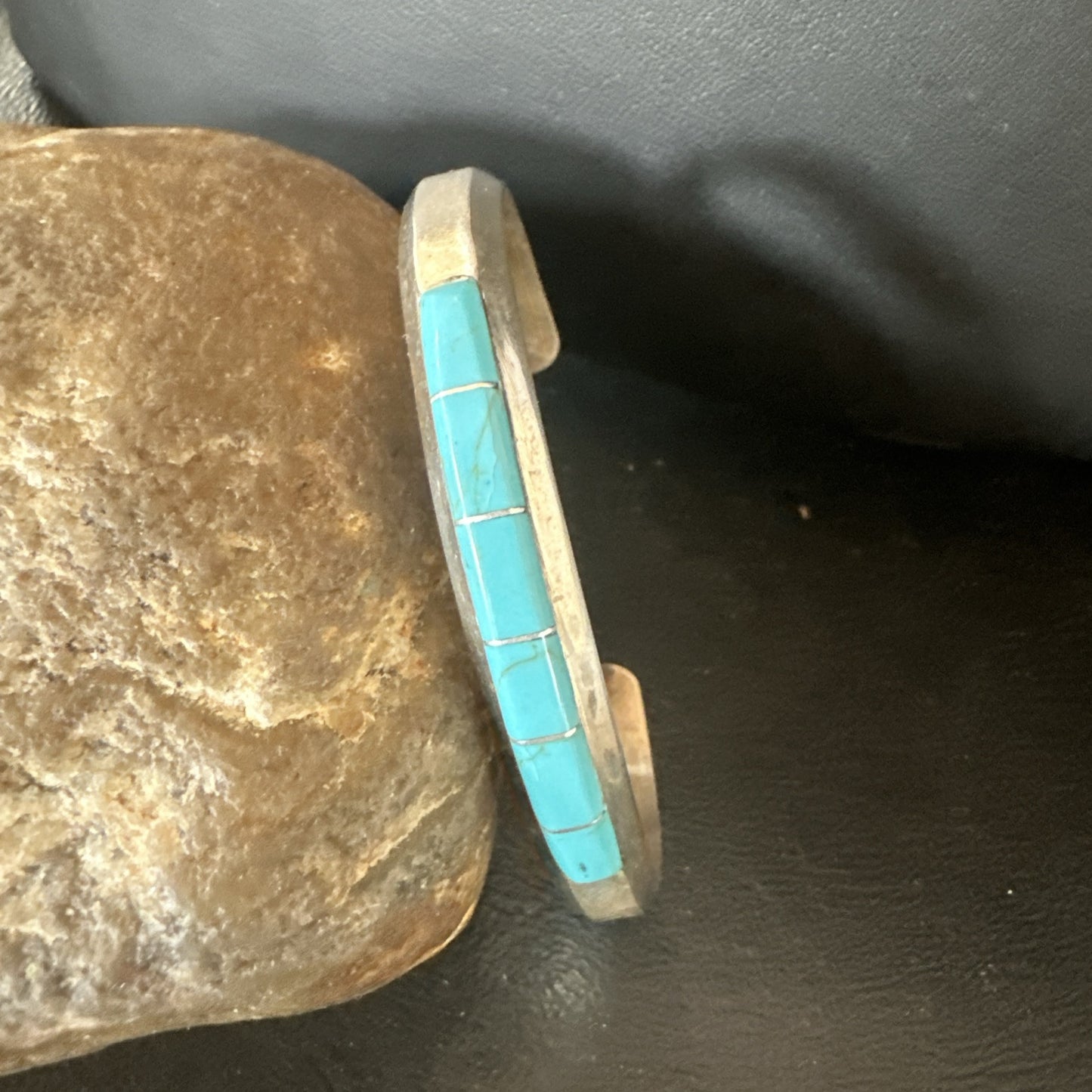 Old Pawn Blue Turquoise Navajo Sterling Silver Cuff Inlay Bracelet 18891