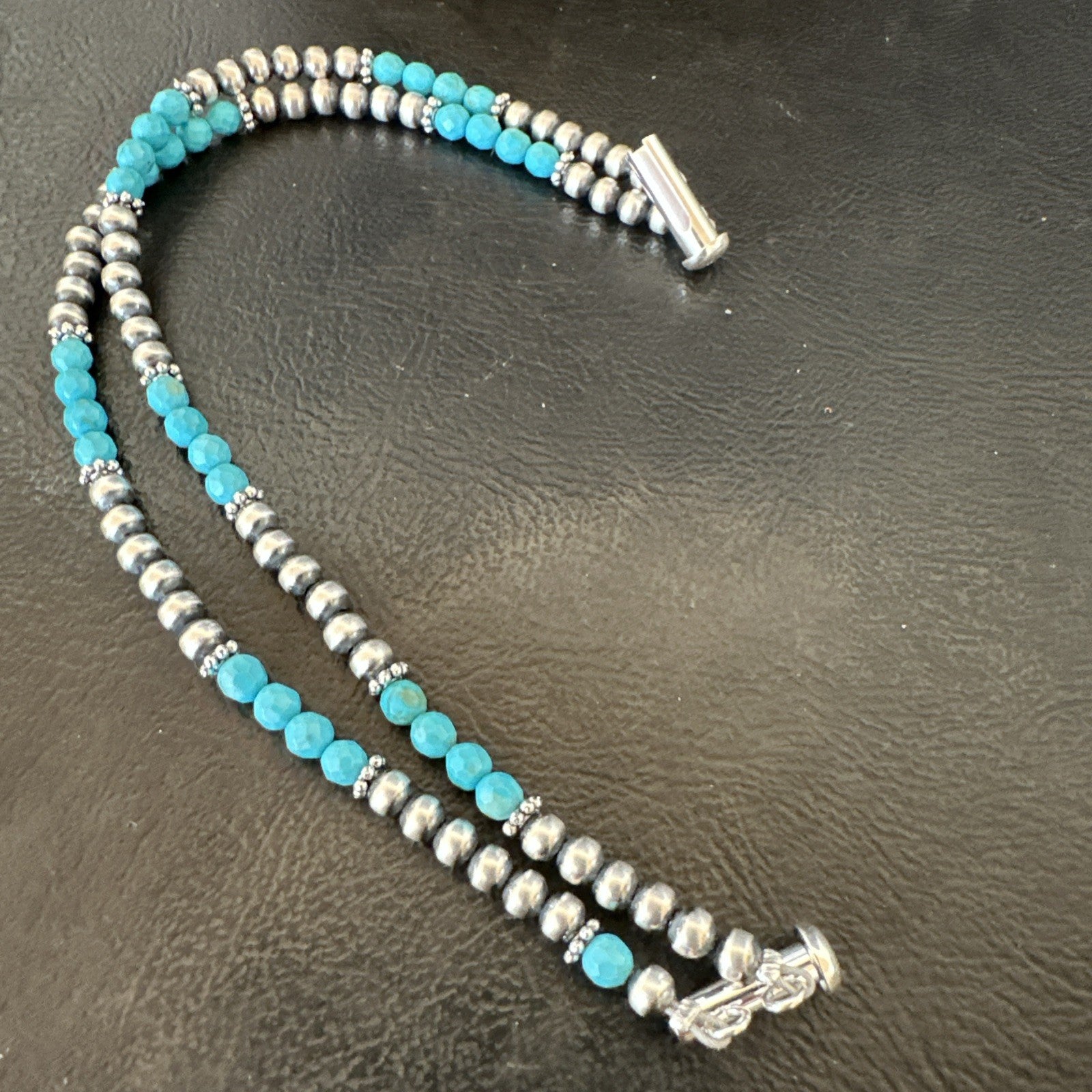 Blue Turquoise Faceted Bead Navajo Sterling Silver Beads Bracelet 7.5" 18999
