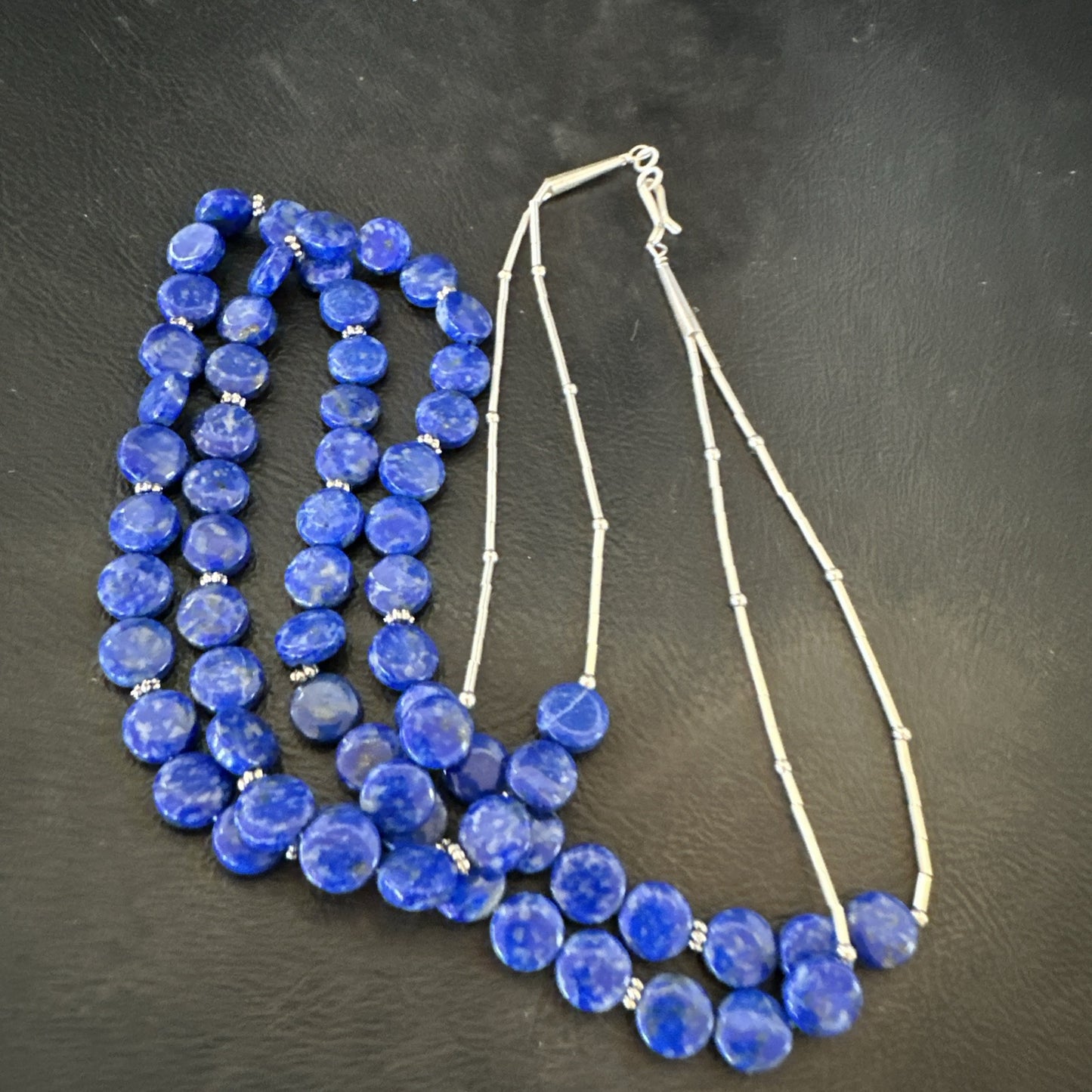 Blue Lapis Heishi 8mm Bead Liquid Sterling Silver 2 Strand Necklace 19" 18960