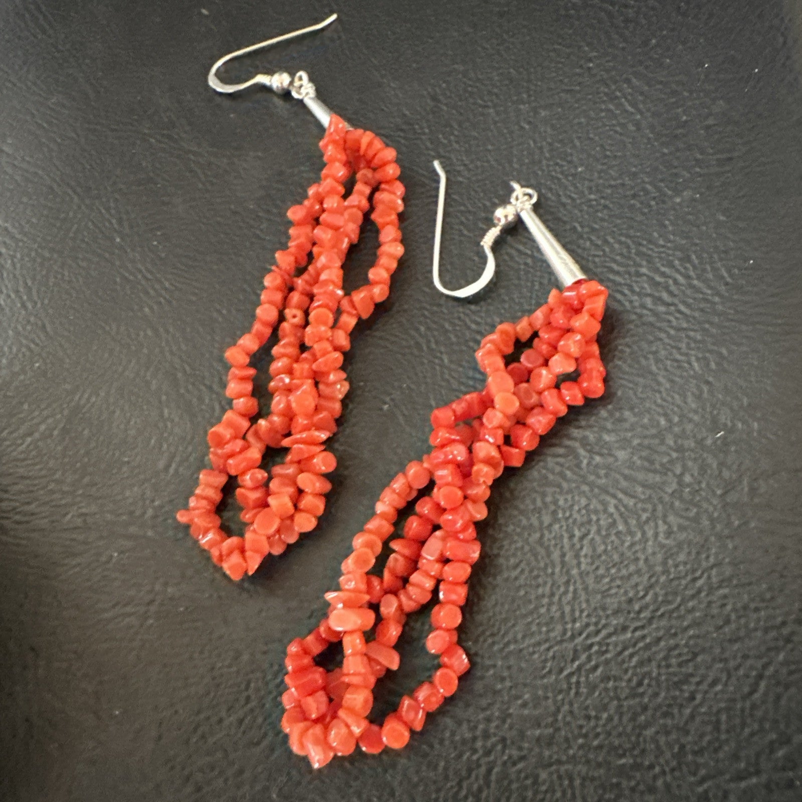Real Red Orange Coral Nuggets Southwestern Sterling Silver Earrings 3” 18947