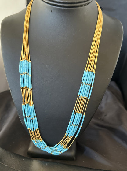 Gold Filled Blue Turquoise Heishi 10S Liquid Sterling Silver Necklace 24” 18909
