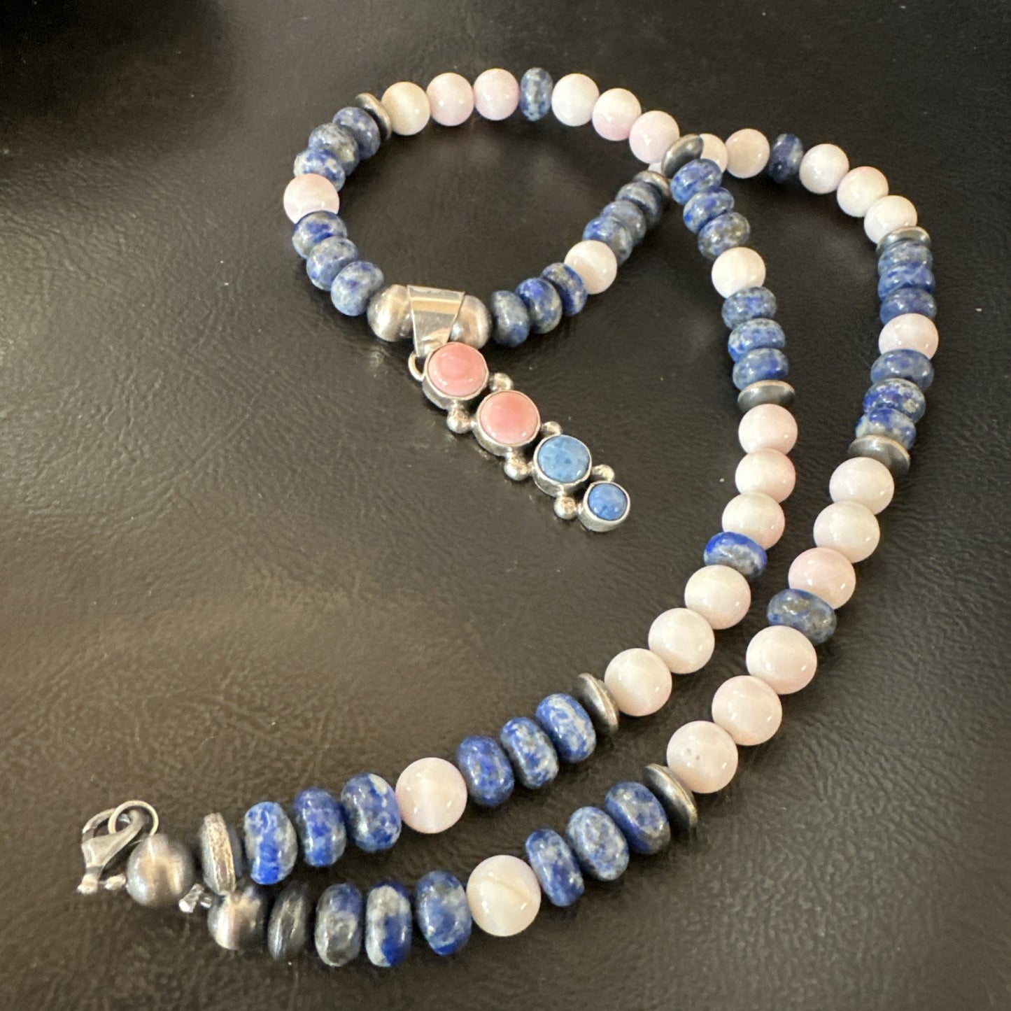 Cluster Pendant Pink Conch Lapis Navajo Pearls Sterling Silver Necklace 18896