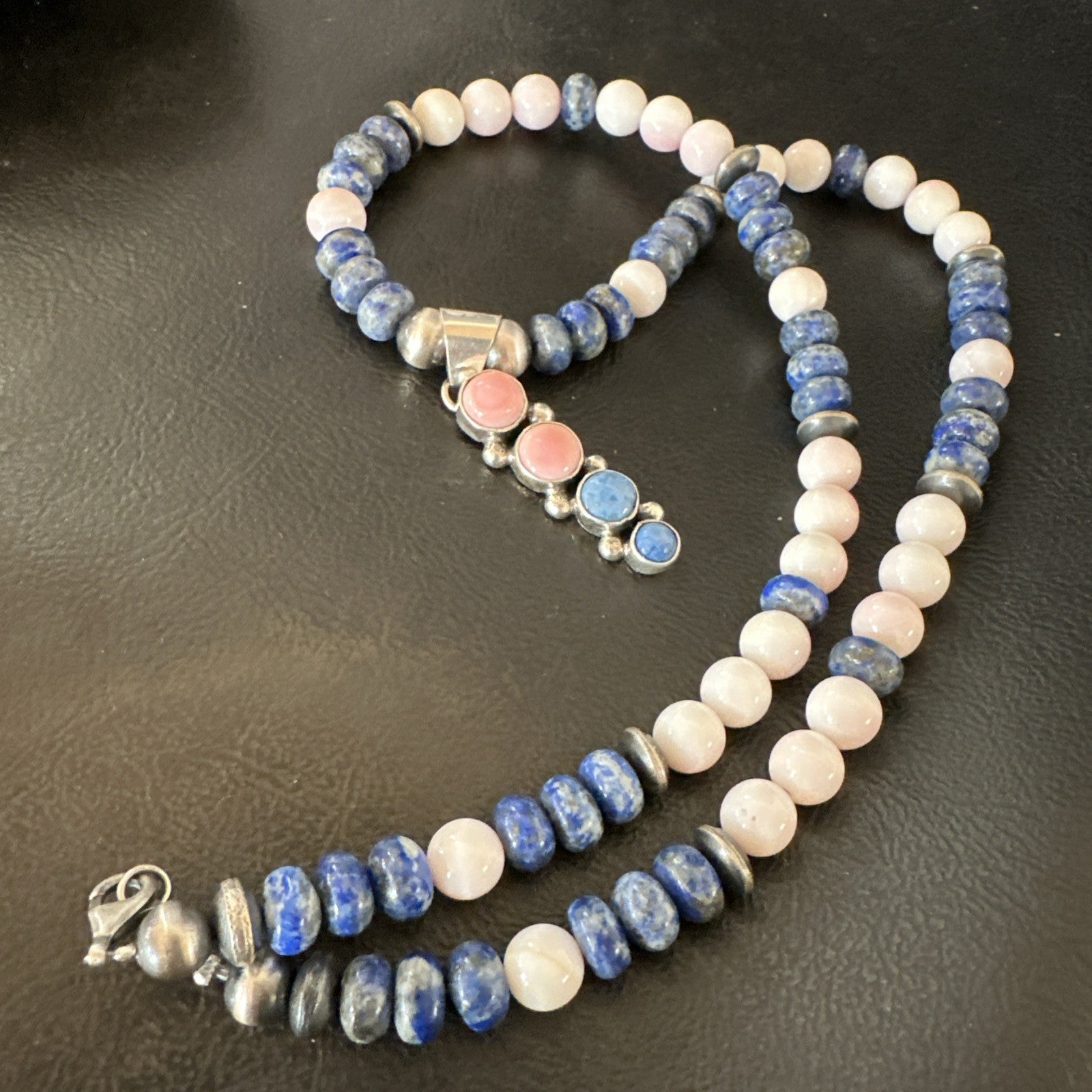 Cluster Pendant Pink Conch Lapis Navajo Pearls Sterling Silver Necklace 18896