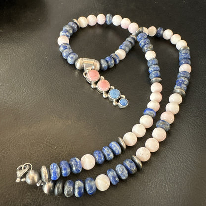 Cluster Pendant Pink Conch Lapis Navajo Pearls Sterling Silver Necklace 18896