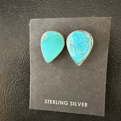 Blue Kingman Turquoise Navajo Sterling Silver Post Stud Earrings 18941