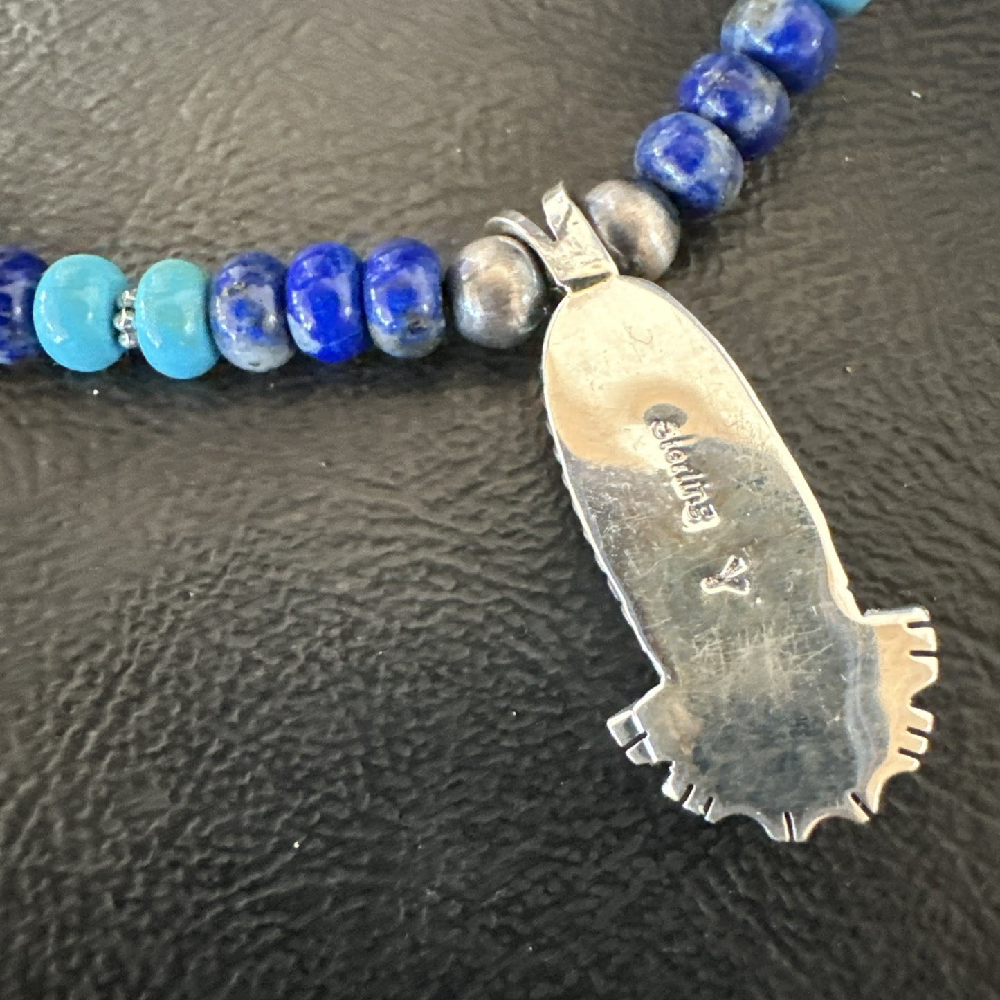 WoMens Opal Inlay Pendant Navajo Sterling Silver Blue Lapis Bead Necklace 18914