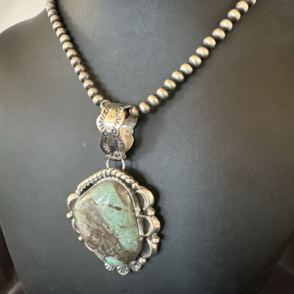 Navajo Sterling Silver Green Rustic Turquoise Necklace Pendant 2.75” 19013