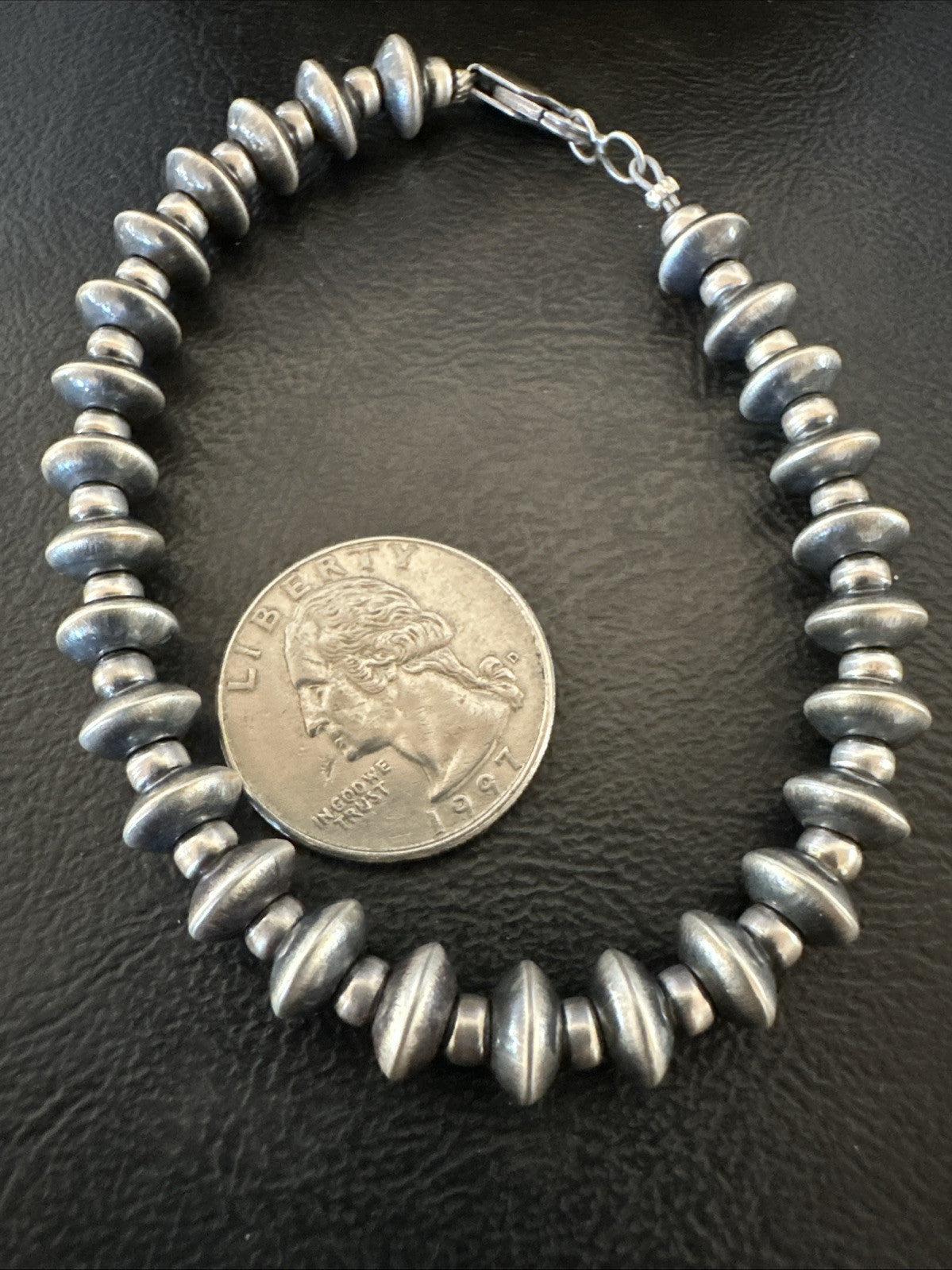Navajo 8mm Flat 4mm Round Beads 6”Sterling Silver Bracelet B2