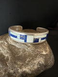 White Gilson Wire Opal Lapis Zuni Inlay Bracelet 7.5" | Sterling Silver | Authentic Native American Handmade | 18992