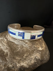 White Gilson Wire Opal Lapis Zuni Inlay Bracelet 7.5" | Sterling Silver | Authentic Native American Handmade | 18992