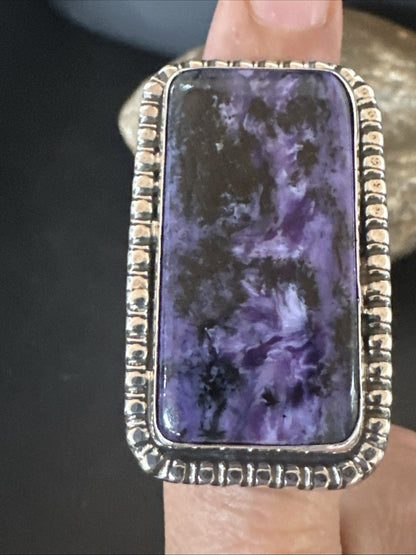 H Joe Purple Charoite Navajo Sterling Silver Rectangle Ring Size 7.5 18964