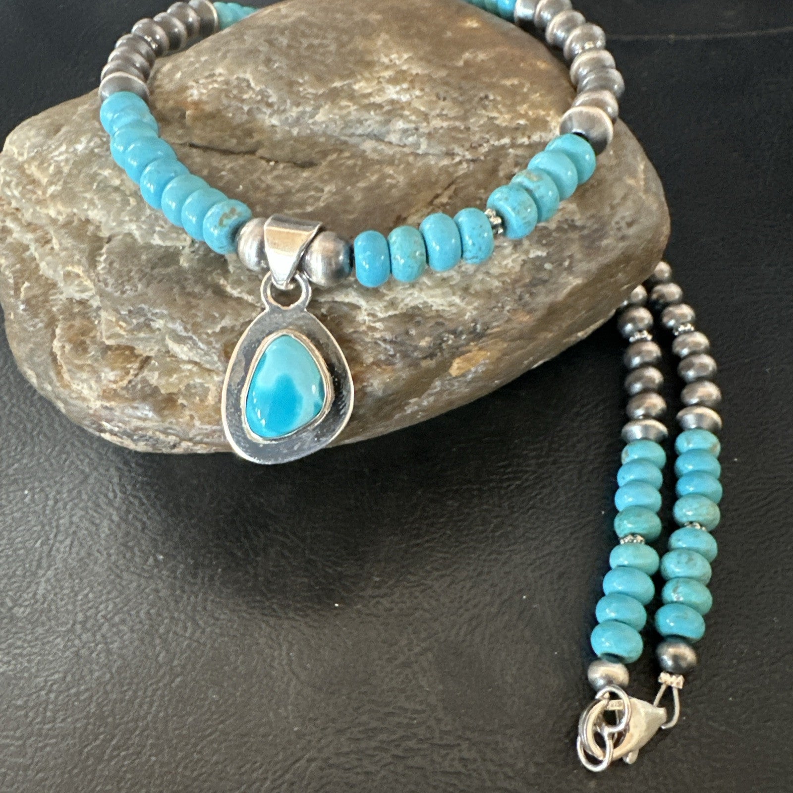 WoMens Blue Kingman Turquoise Pendant Navajo Sterling Silver Necklace 21" 18936