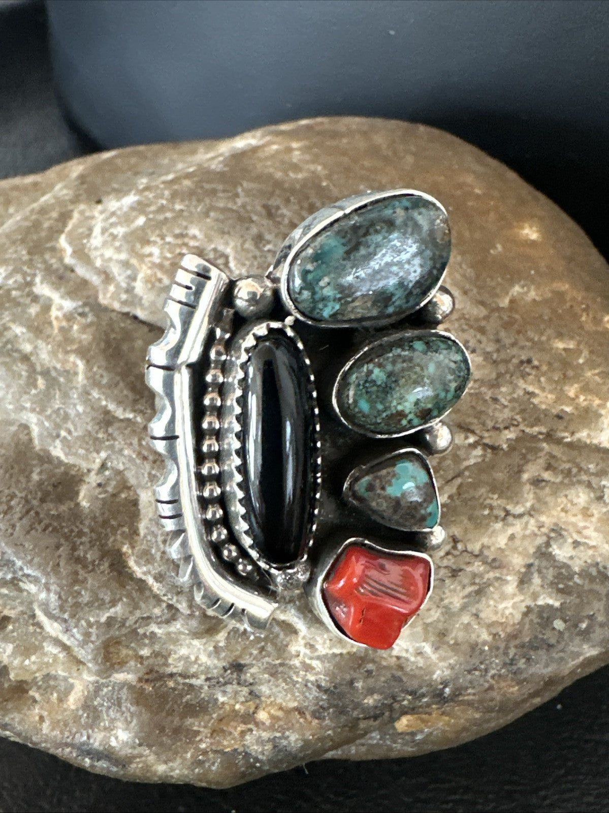 Navajo Cluster Onyx Blue Turquoise Coral Sterling Silver Ring Sz 7.5 18886