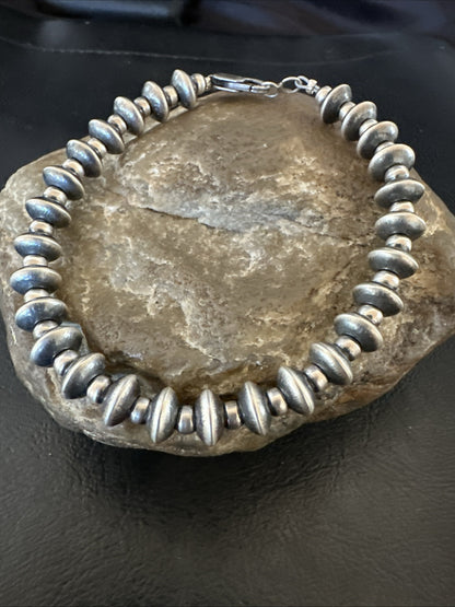 Navajo 8mm Flat 4mm Round Beads 6”Sterling Silver Bracelet B2