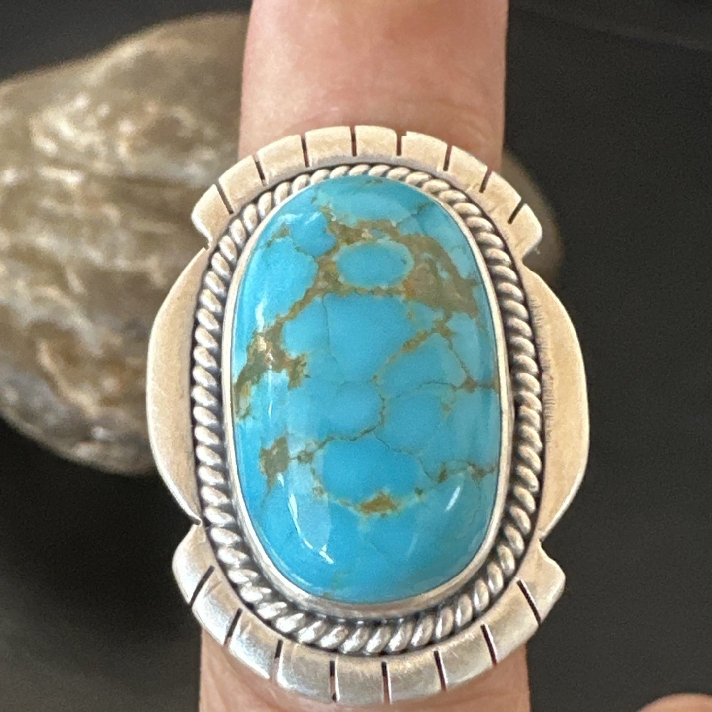 Navajo Sterling Silver Blue Kingman Turquoise Adjustable Ring Size 7 19005