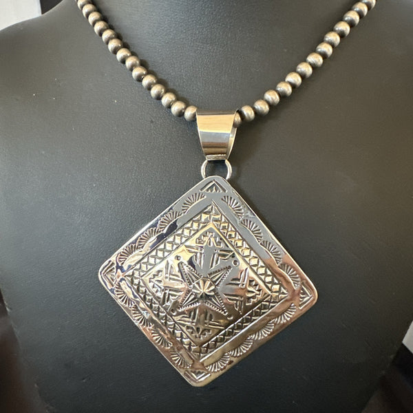H Joe Handmade Stamped Pendant Navajo Necklace 3.5" | Sterling Silver | Authentic Native American Handmade | 18981