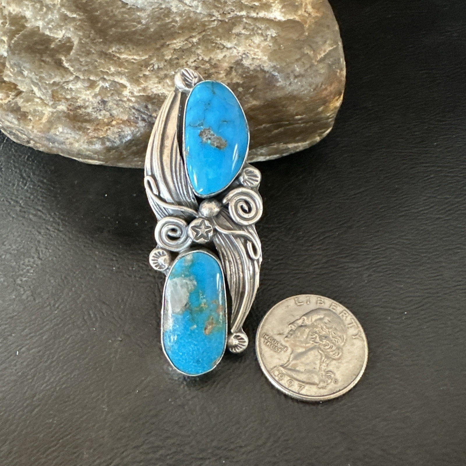XL Navajo Cluster Blue Kingman Turquoise Sterling Silver Ring Sz 7 18990