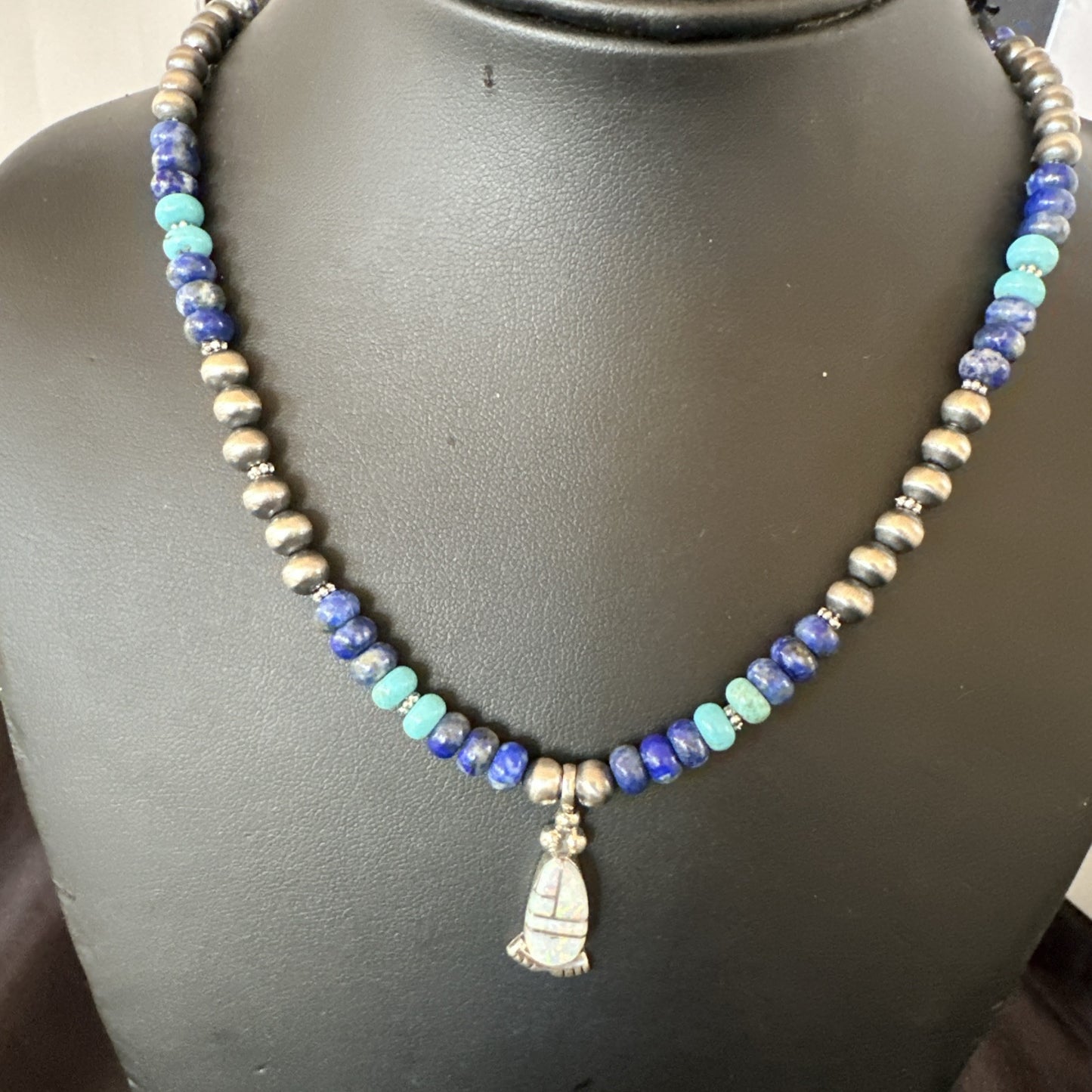 WoMens Opal Inlay Pendant Navajo Sterling Silver Blue Lapis Bead Necklace 18912