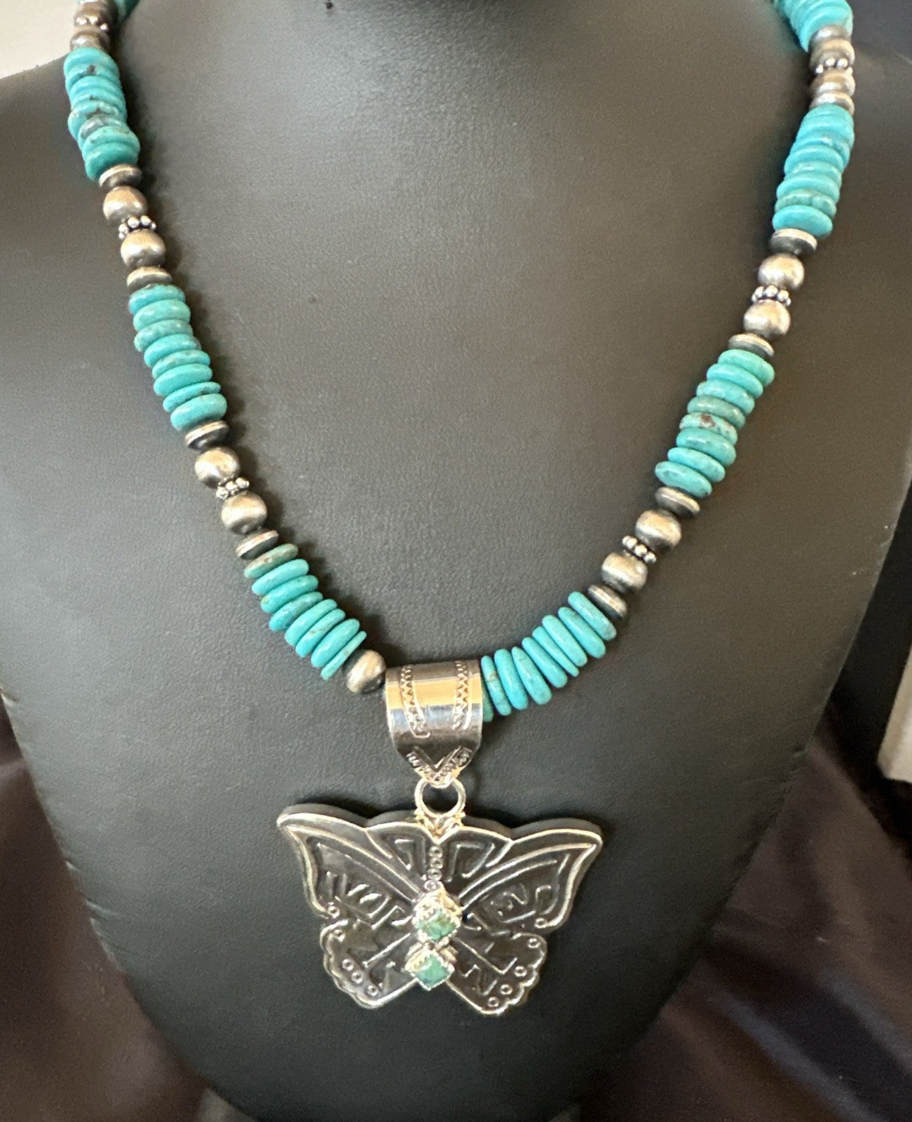 Butterfly Blue Turquoise Pendant Navajo Sterling Silver Necklace 26" 18905