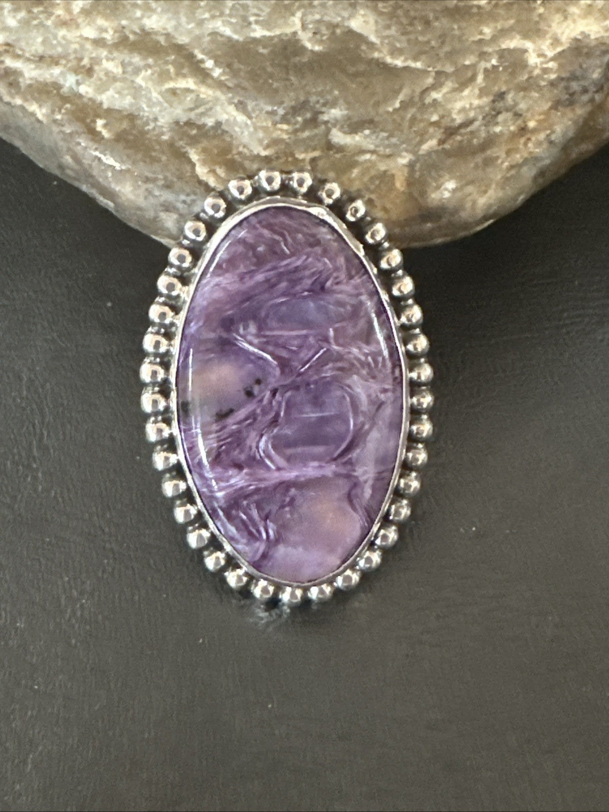 H Joe Purple Charoite Navajo Sterling Silver Oval Ring Size 7 18962