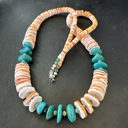 Santo Domingo Blue Turquoise Orange Spiny Bead Necklace 24" 18908