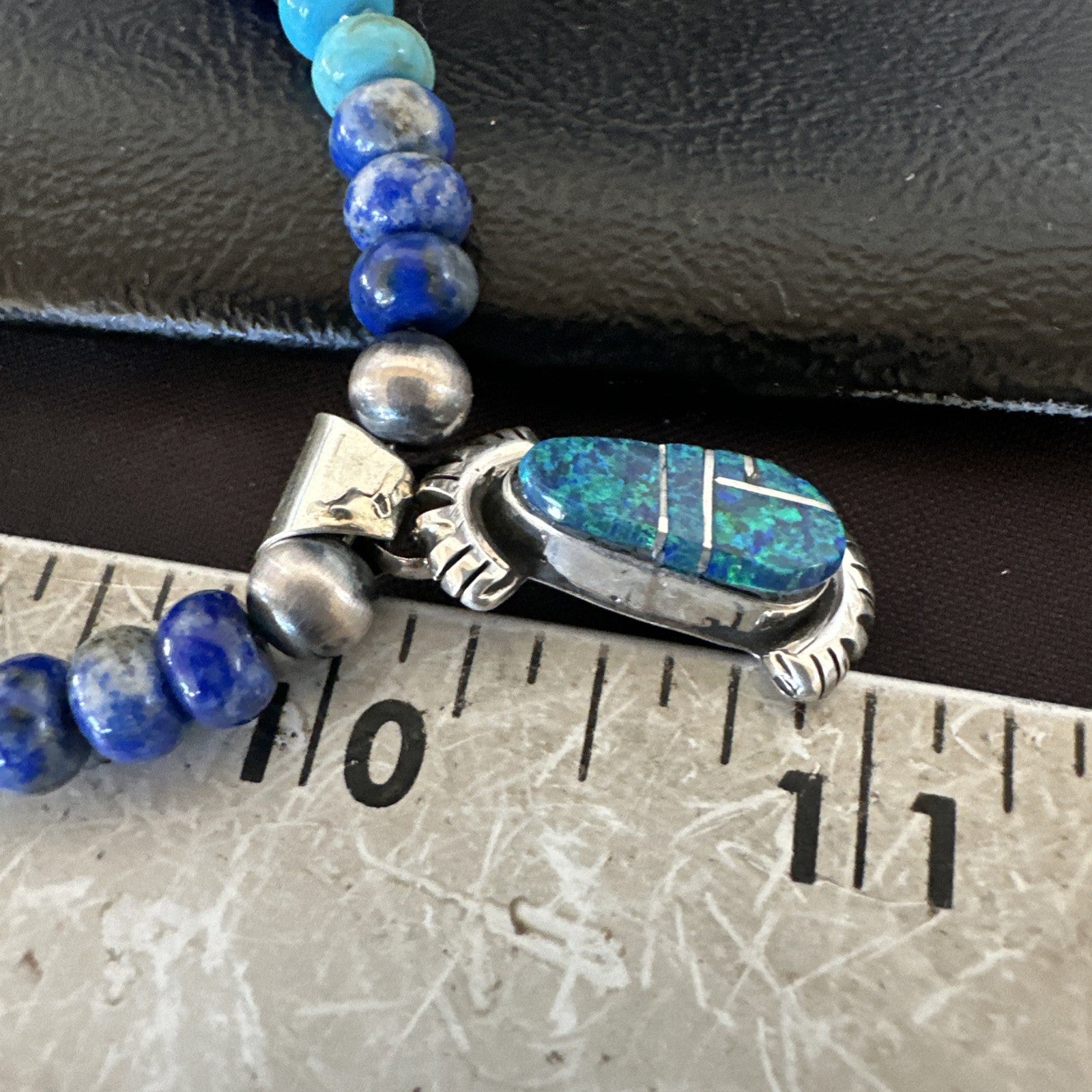 WoMens Opal Inlay Pendant Navajo Sterling Silver Blue Lapis Bead Necklace 18920