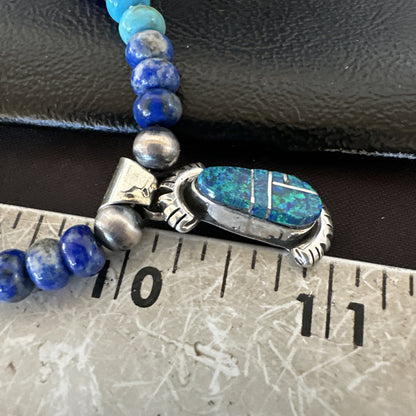 WoMens Opal Inlay Pendant Navajo Sterling Silver Blue Lapis Bead Necklace 18920
