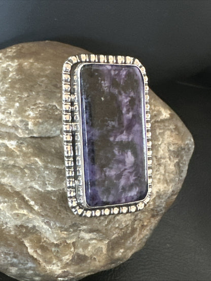 H Joe Purple Charoite Navajo Sterling Silver Rectangle Ring Size 7.5 18964