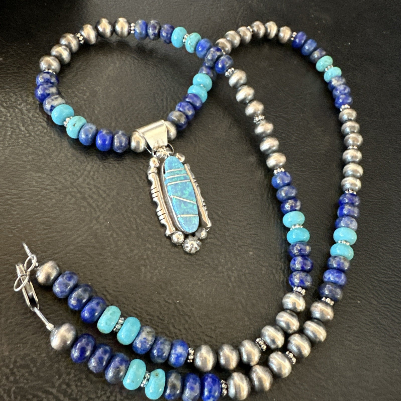 WoMens Opal Inlay Pendant Navajo Sterling Silver Blue Lapis Bead Necklace 18913