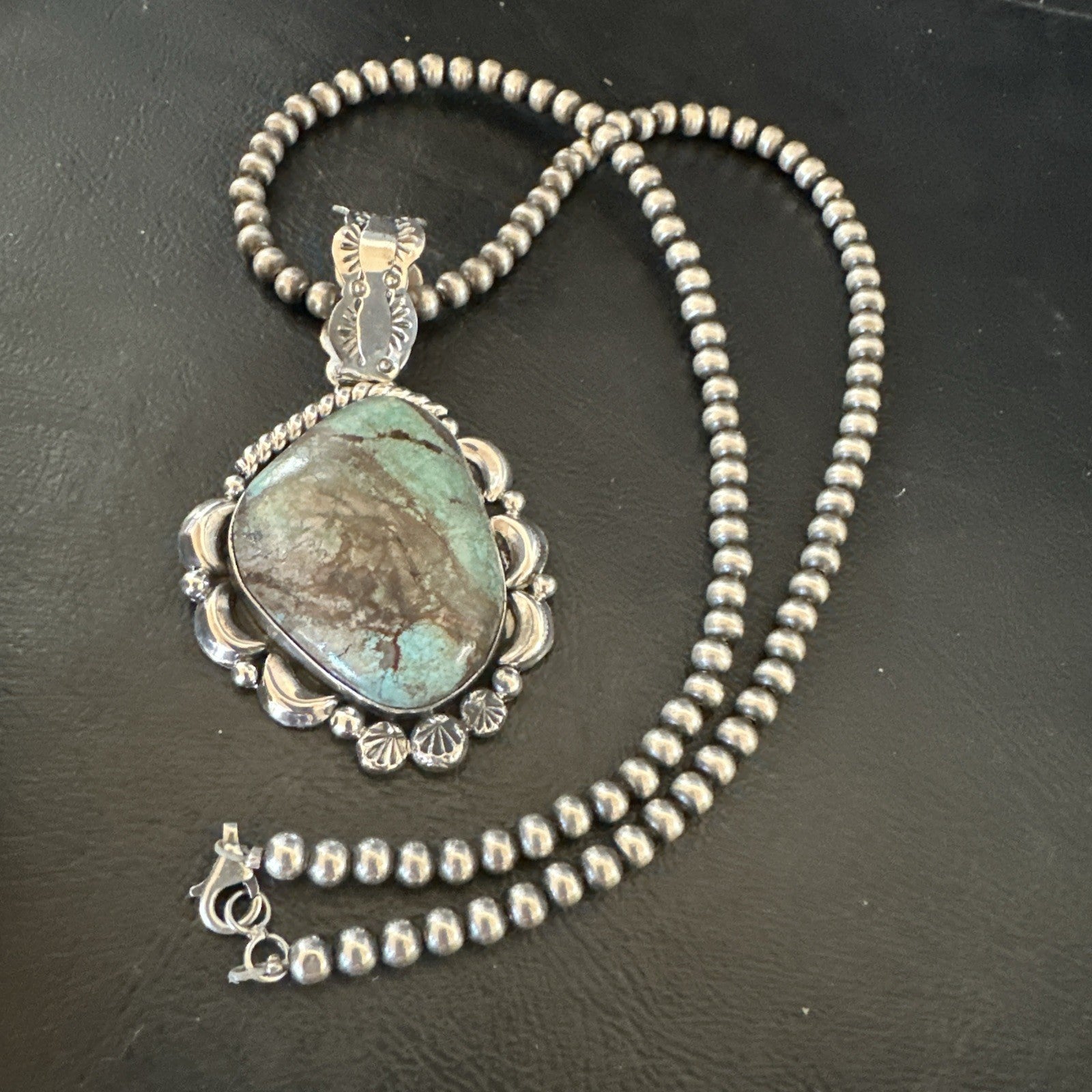 Navajo Sterling Silver Green Rustic Turquoise Necklace Pendant 2.75” 19013