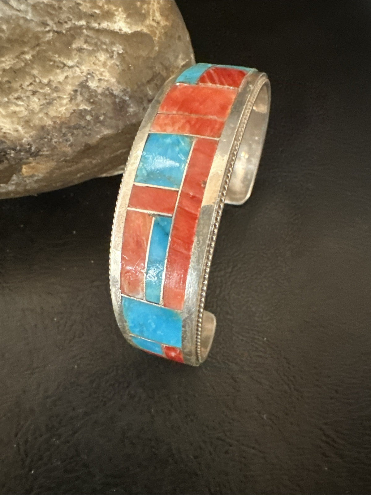Blue Turquoise Spiny Oyster Zuni Sterling Silver Cuff Inlay Bracelet 7" 18994