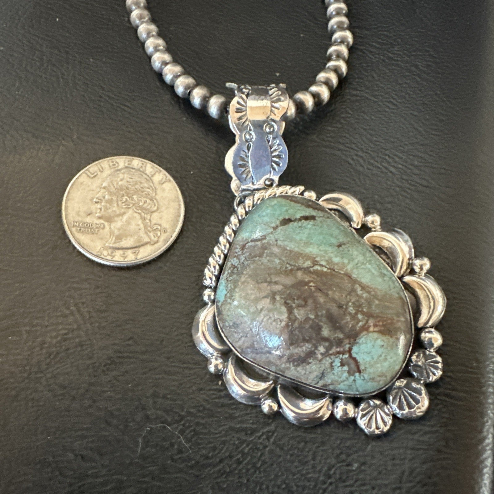 Navajo Sterling Silver Green Rustic Turquoise Necklace Pendant 2.75” 19013