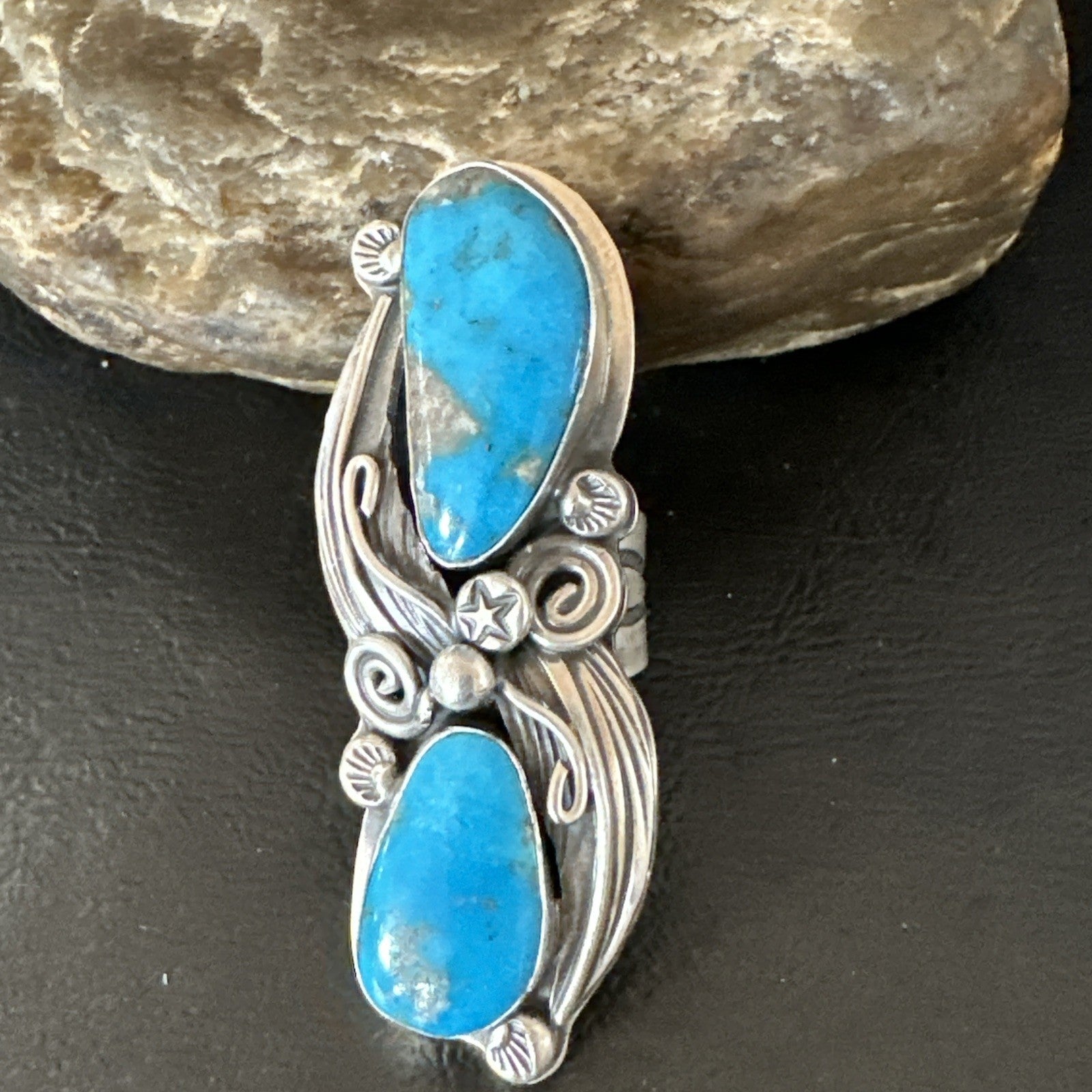 XL Navajo Cluster Blue Kingman Turquoise Sterling Silver Ring Sz 7 18989