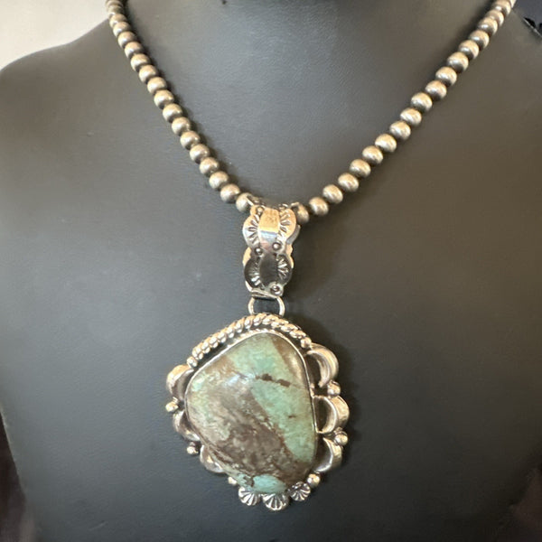 Navajo Green Rustic Turquoise Necklace Pendant 2.75" | Sterling Silver | Authentic Native American Handmade | 19013