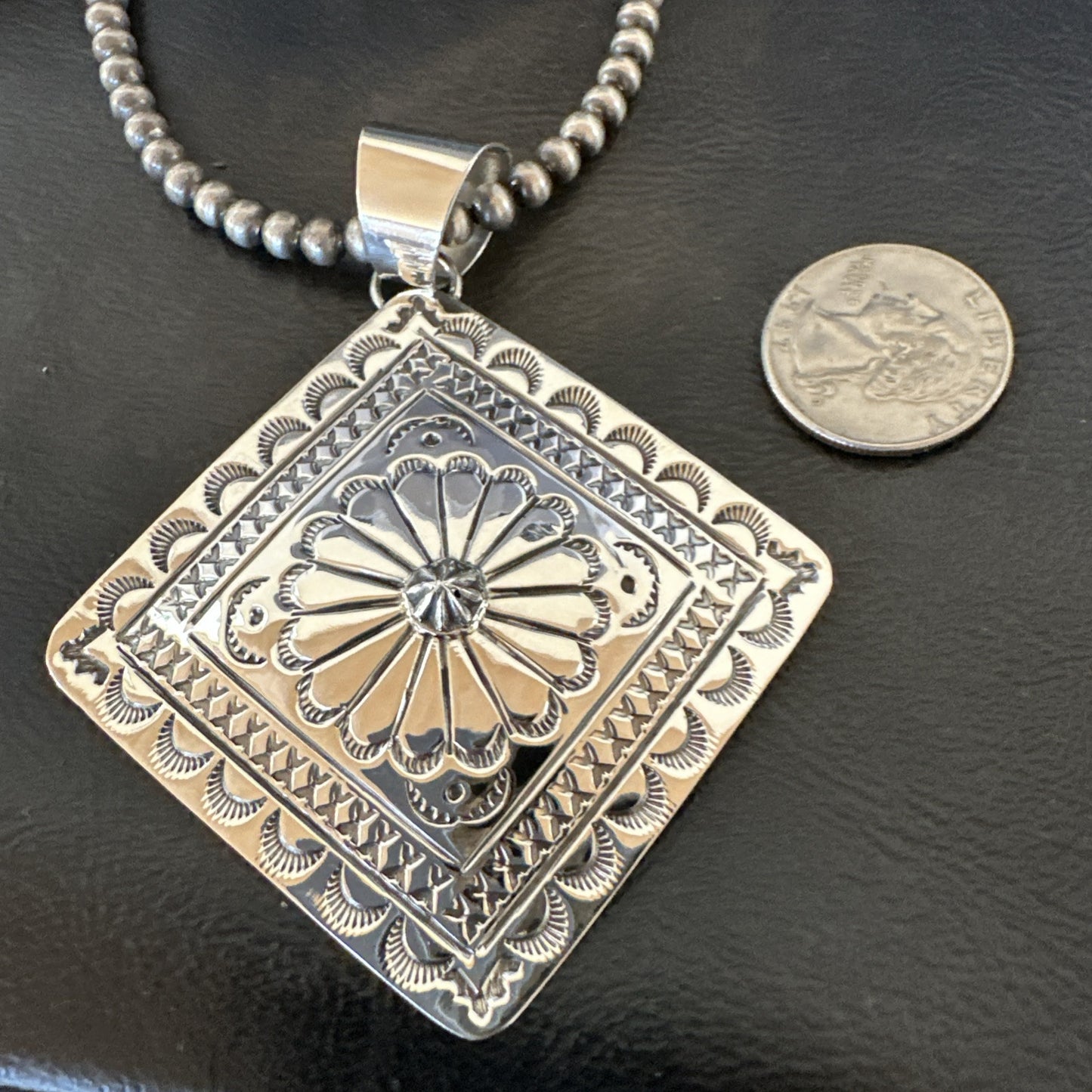 H Joe Handmade Stamped Pendant Navajo Sterling Silver Necklace 3.5" 18982