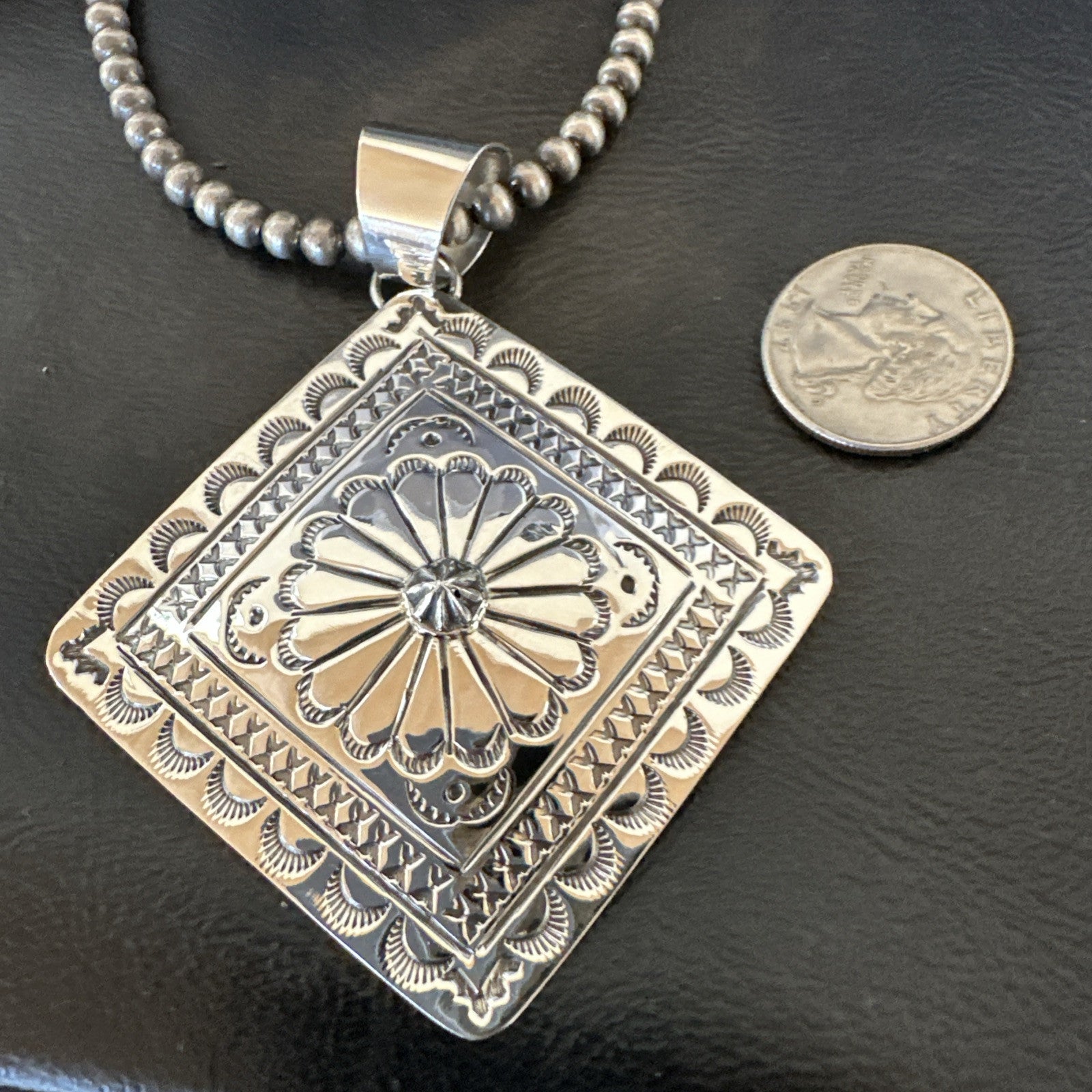 H Joe Handmade Stamped Pendant Navajo Sterling Silver Necklace 3.5" 18982
