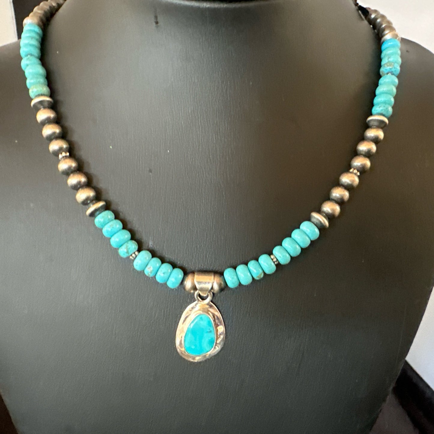 WoMens Blue Kingman Turquoise Pendant Navajo Sterling Silver Necklace 21" 18939