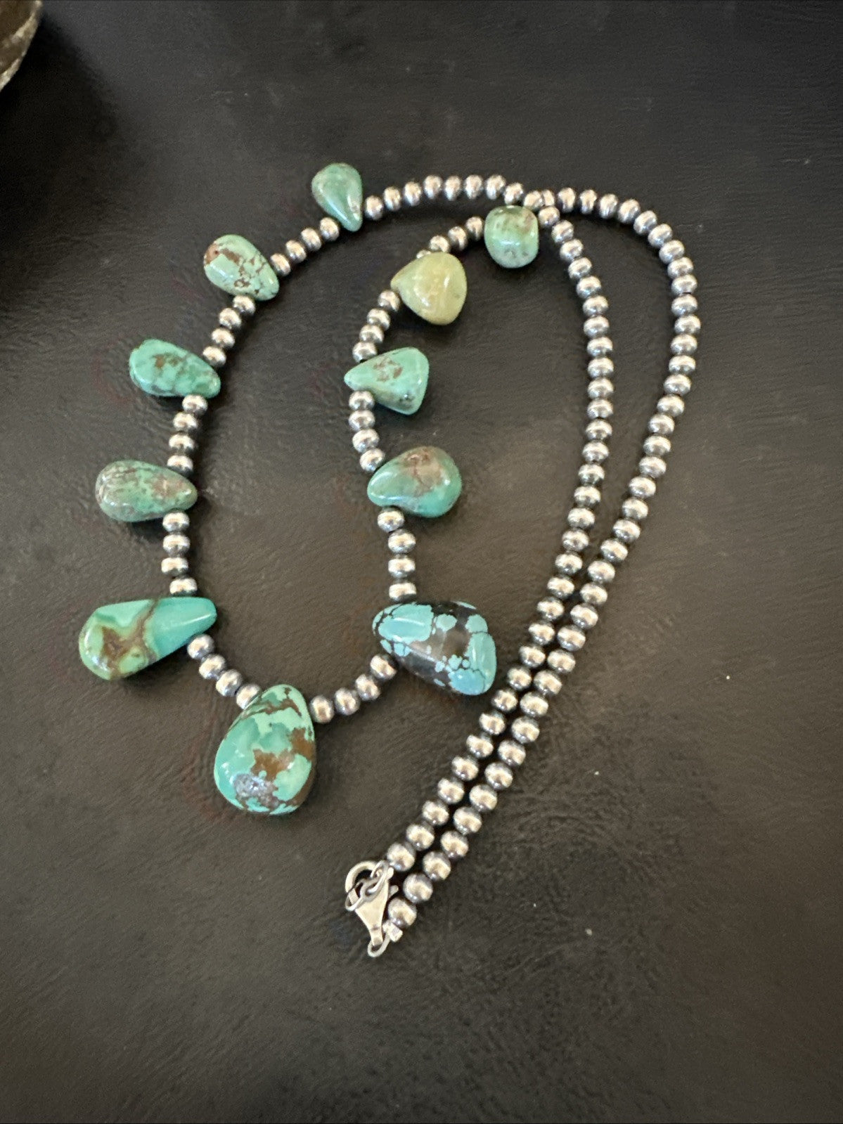 Green Turquoise Teardrop Sterling Silver Beads Necklace 20" 18985