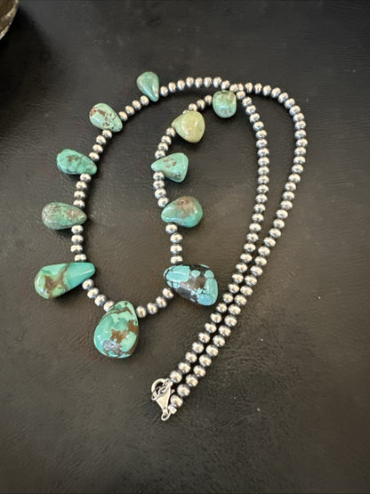 Green Turquoise Teardrop Sterling Silver Beads Necklace 20" 18985