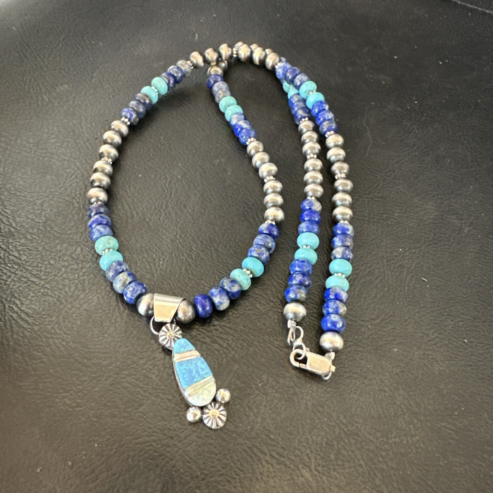 WoMens Opal Inlay Pendant Navajo Sterling Silver Blue Lapis Bead Necklace 18919