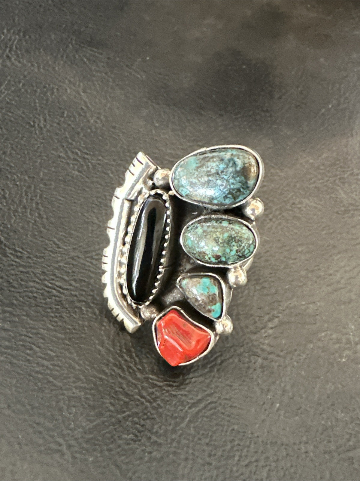 Navajo Cluster Onyx Blue Turquoise Coral Sterling Silver Ring Sz 7.5 18886